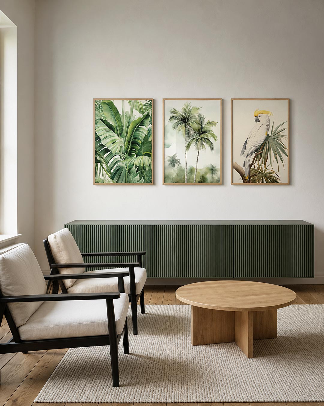 Groene bladeren harmonie posterset – tweede productweergave – deze posterset in drie delen toont een weelderige