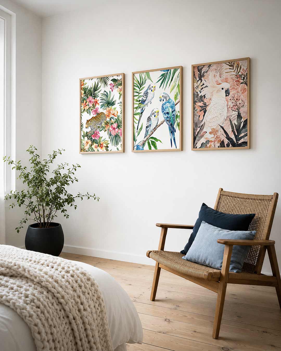 Jungle bloemenpracht posterset – derde productweergave – een levendige compositie van groene bladeren en kleurrijke