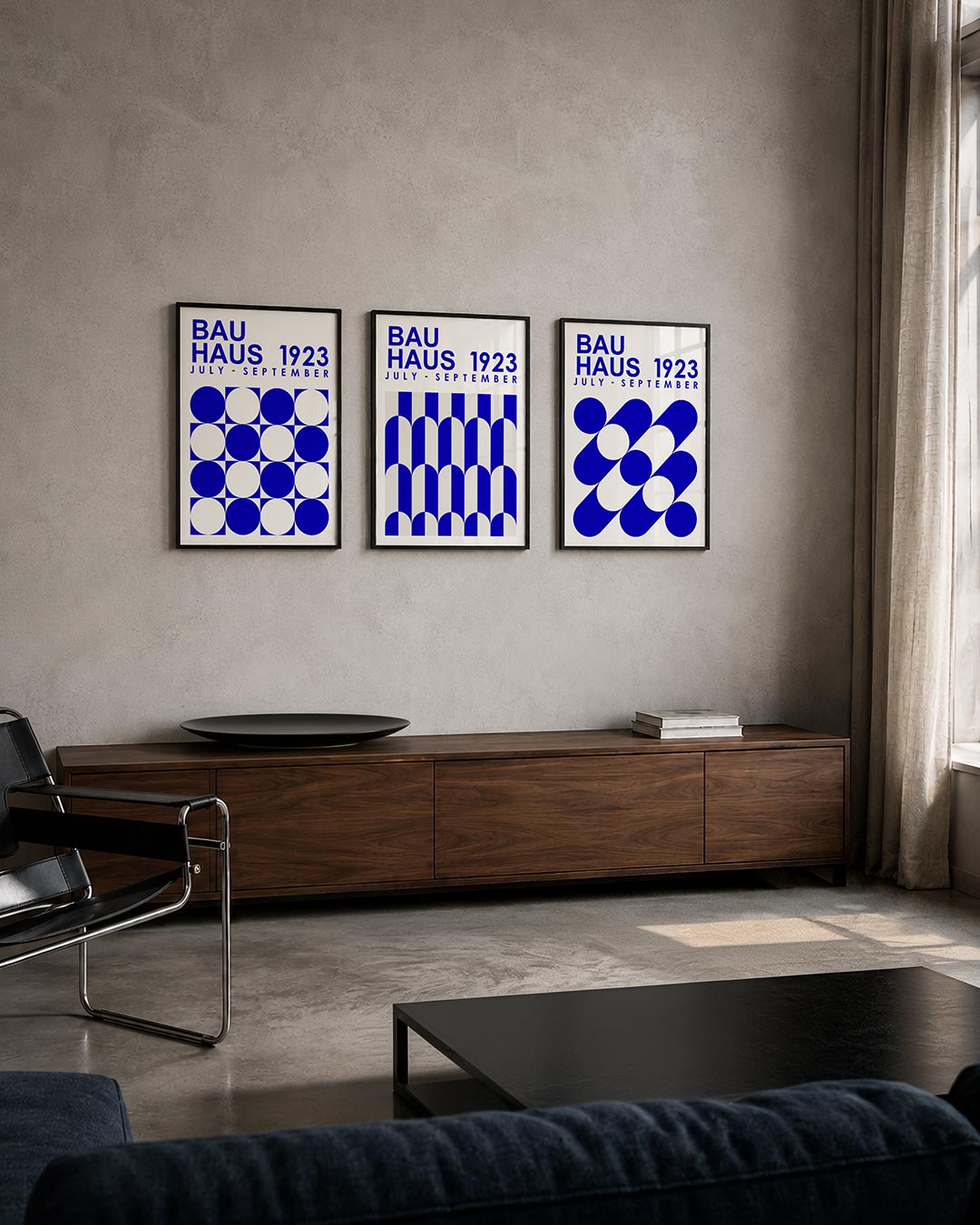 Cirkelritme blauw posterset – tweede productweergave – deze posterset in drie delen toont een speelse wisselwerking van
