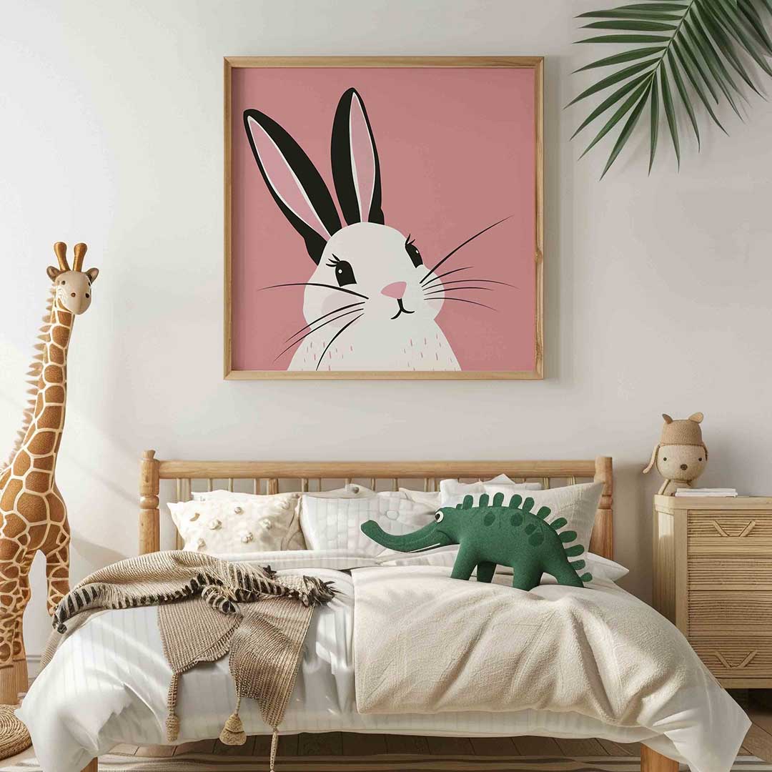 Konijn op roze – vierkante kinderkamer wanddecoratie van WallArtistic