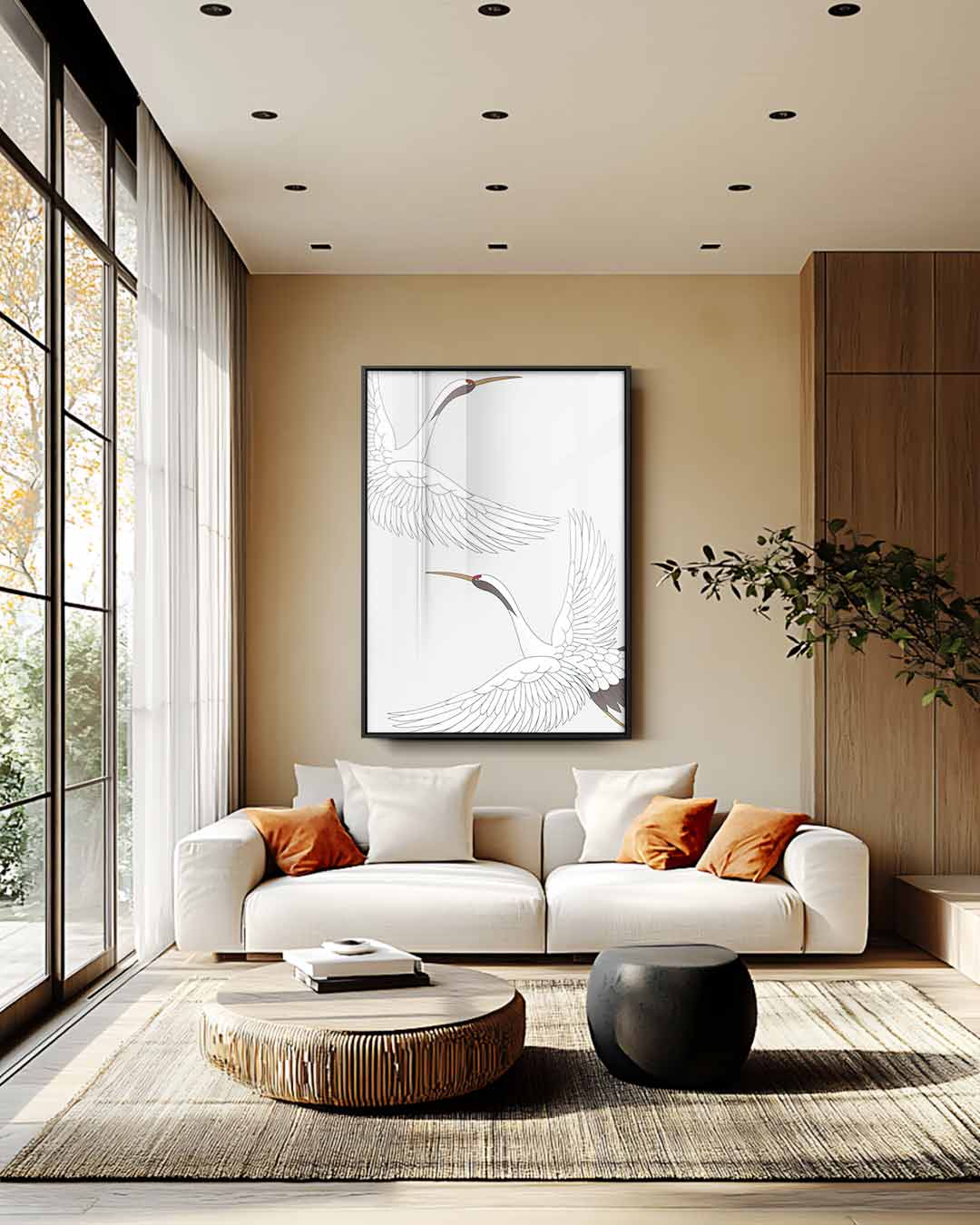 Dansende Kraanvogels – plexiglas wanddecoratie in portret formaat