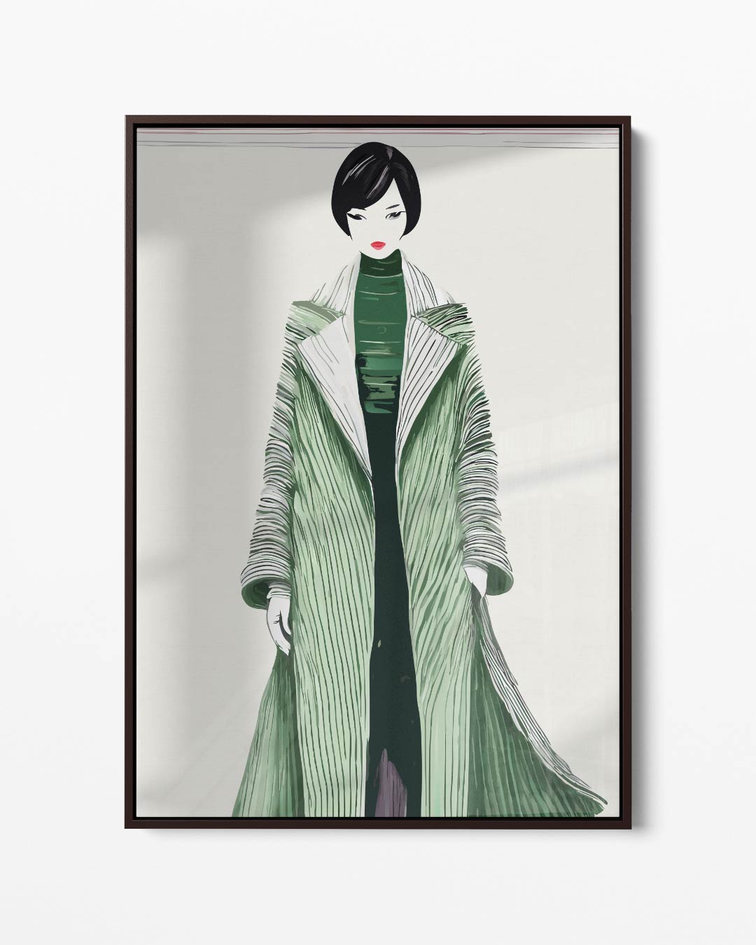 Moderne Modekunst met Groene Jas – portret kunstwerk als wanddecoratie