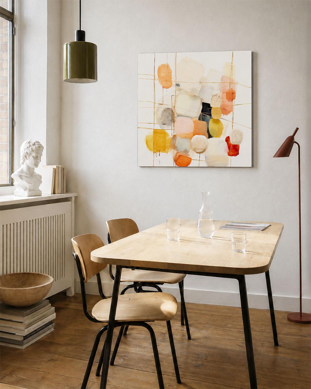 Kleurrijke vormencompositie kunstwerk – vierkante wanddecoratie – dit werk toont een dynamische verzameling van organische