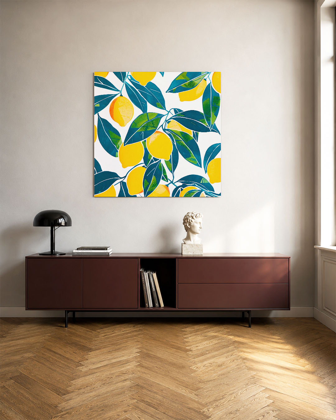 Citrus en bladeren kunstwerk – tweede productweergave – dit werk toont levendige gele citroenen en groene bladeren op een