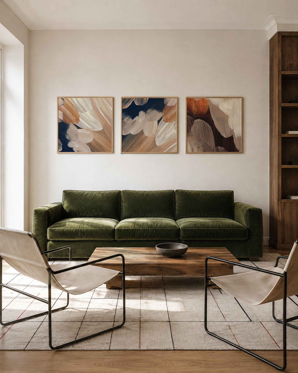 Interieurpresentatie van een driedelige vierkante posterset met abstracte penseelstreken
