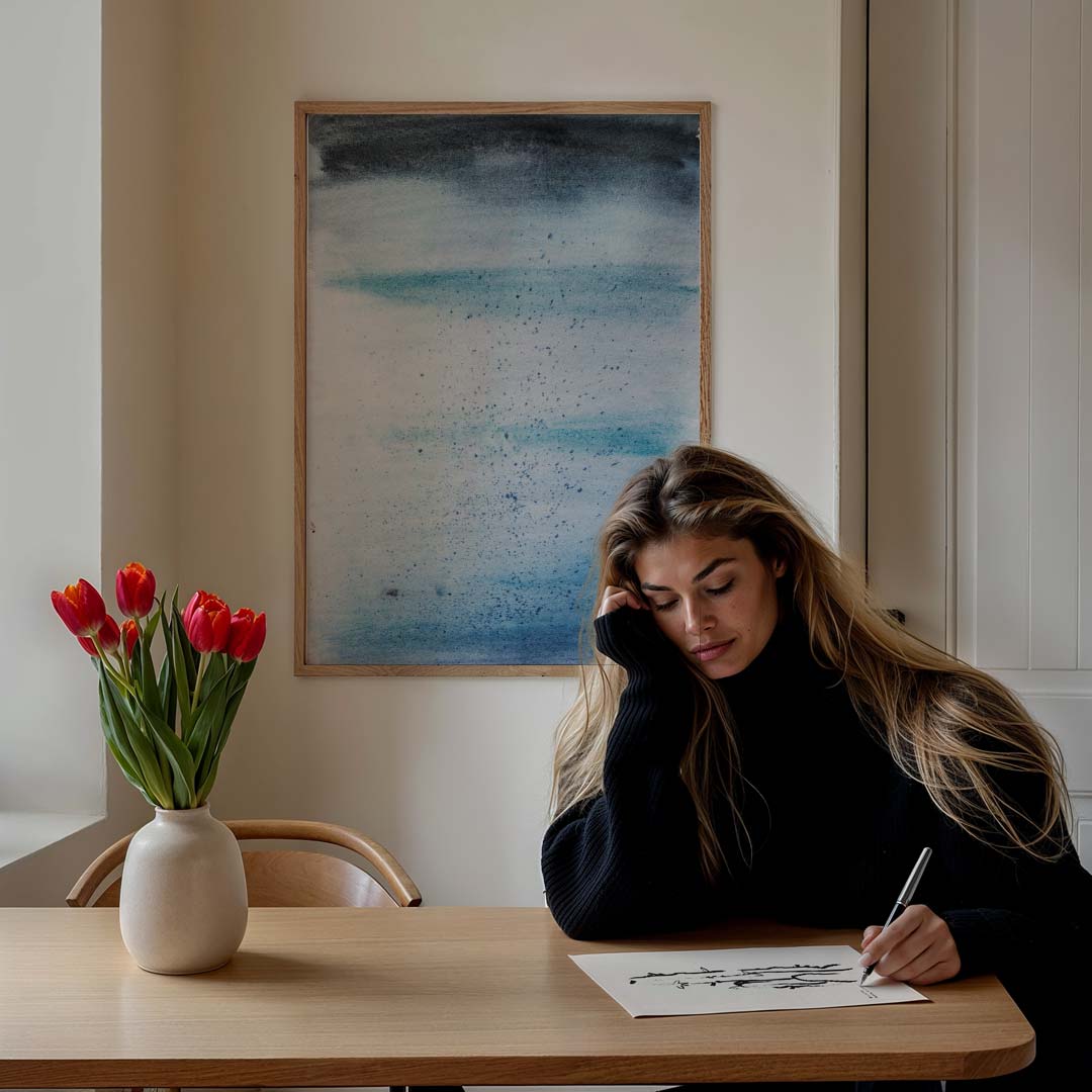 Hemelse Blauwe Waterverfposter – staande muurposter met kleurrijke abstracte vormen