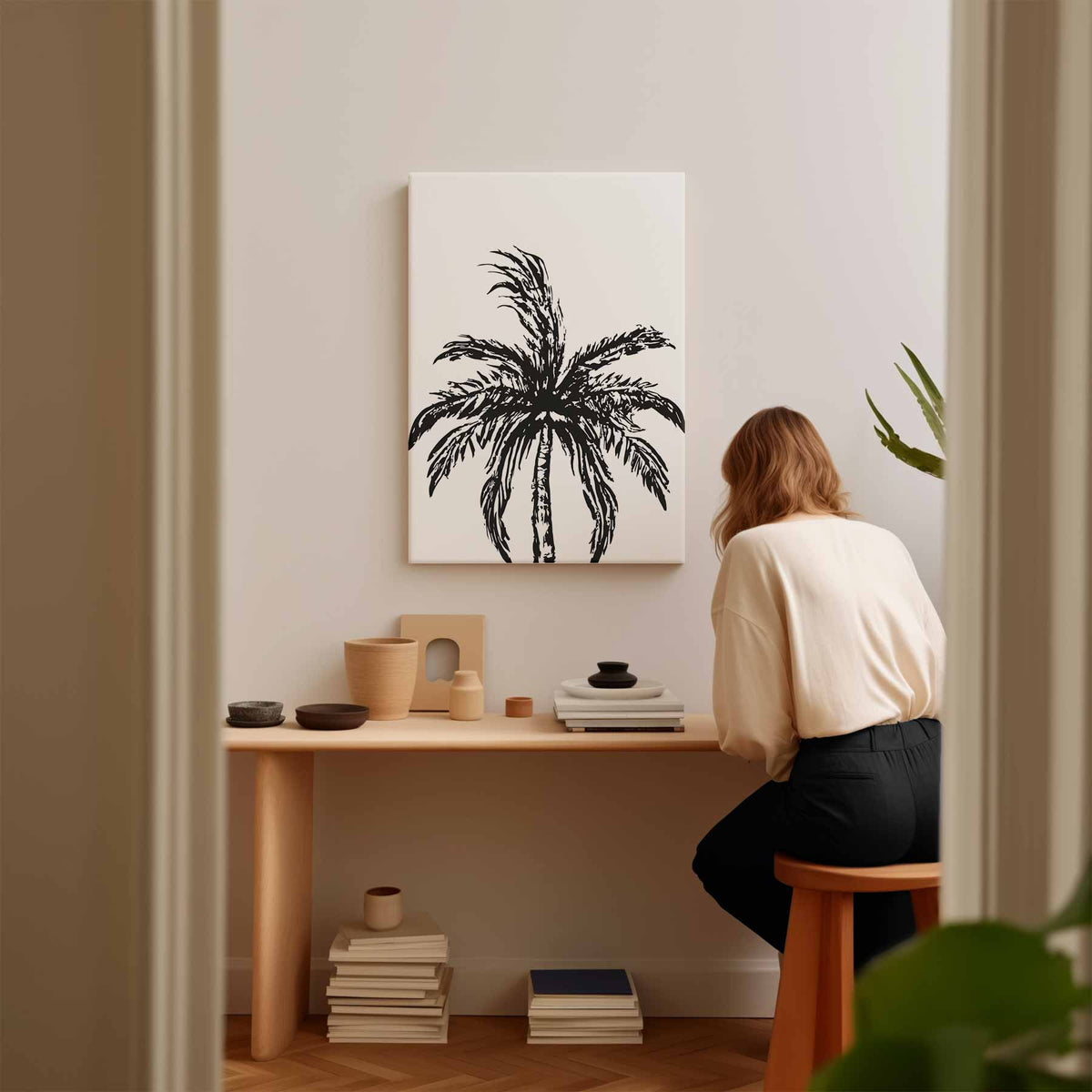 Zwart-Wit Palm Boom – staande wandkunst voor woonkamer of interieur