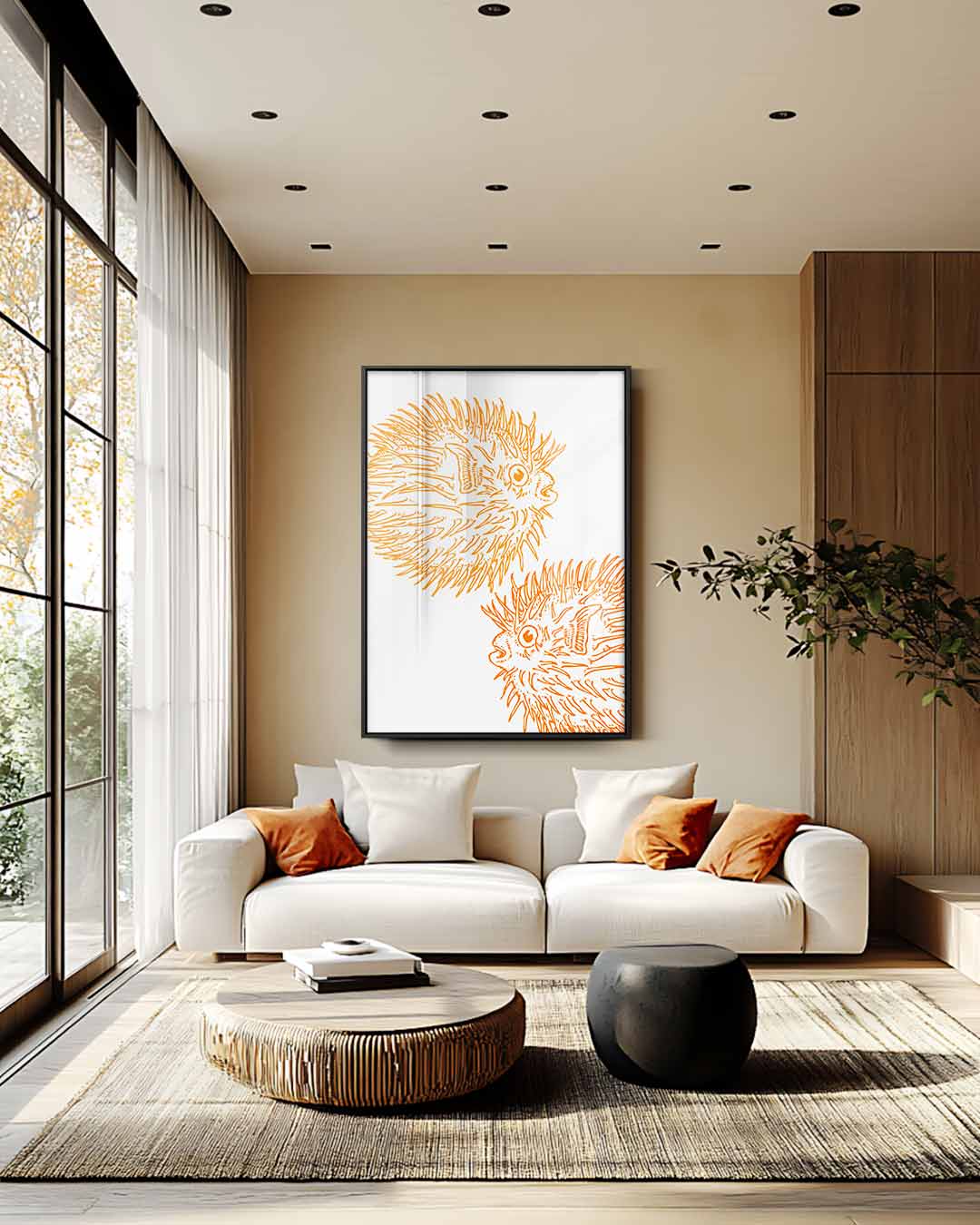Opvallende Oranje Kogelvis Illustratie – staand kunstwerk voor modern interieur