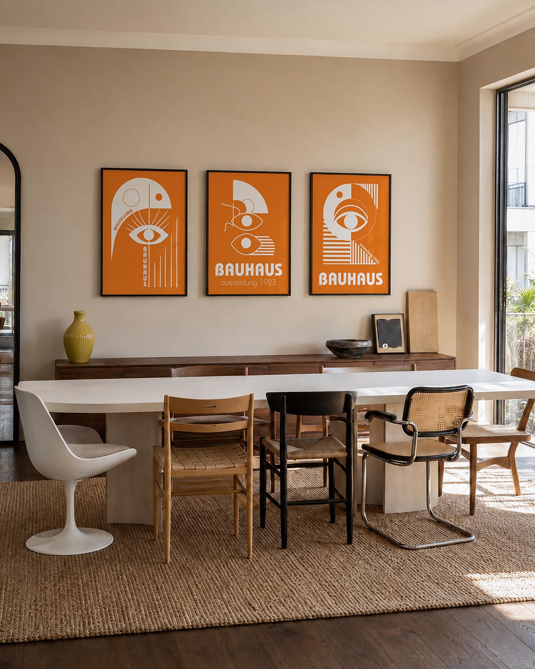 Oog en lijnen posterset – tweede productweergave – een oranje achtergrond met een wit oog centraal. Rechte en gebogen lijnen