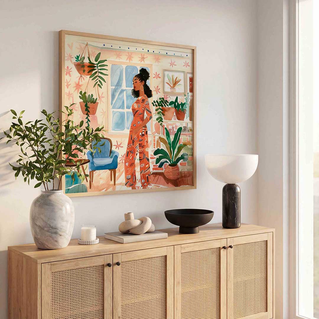 Vrouw in kamer – illustratie poster in vierkant formaat