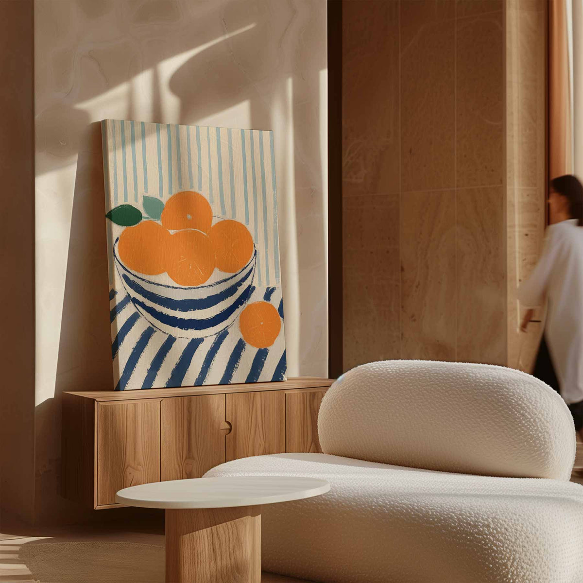 Zonnige Sinaasappels in Streepjesland – plexiglas kunstwerk als wanddecoratie