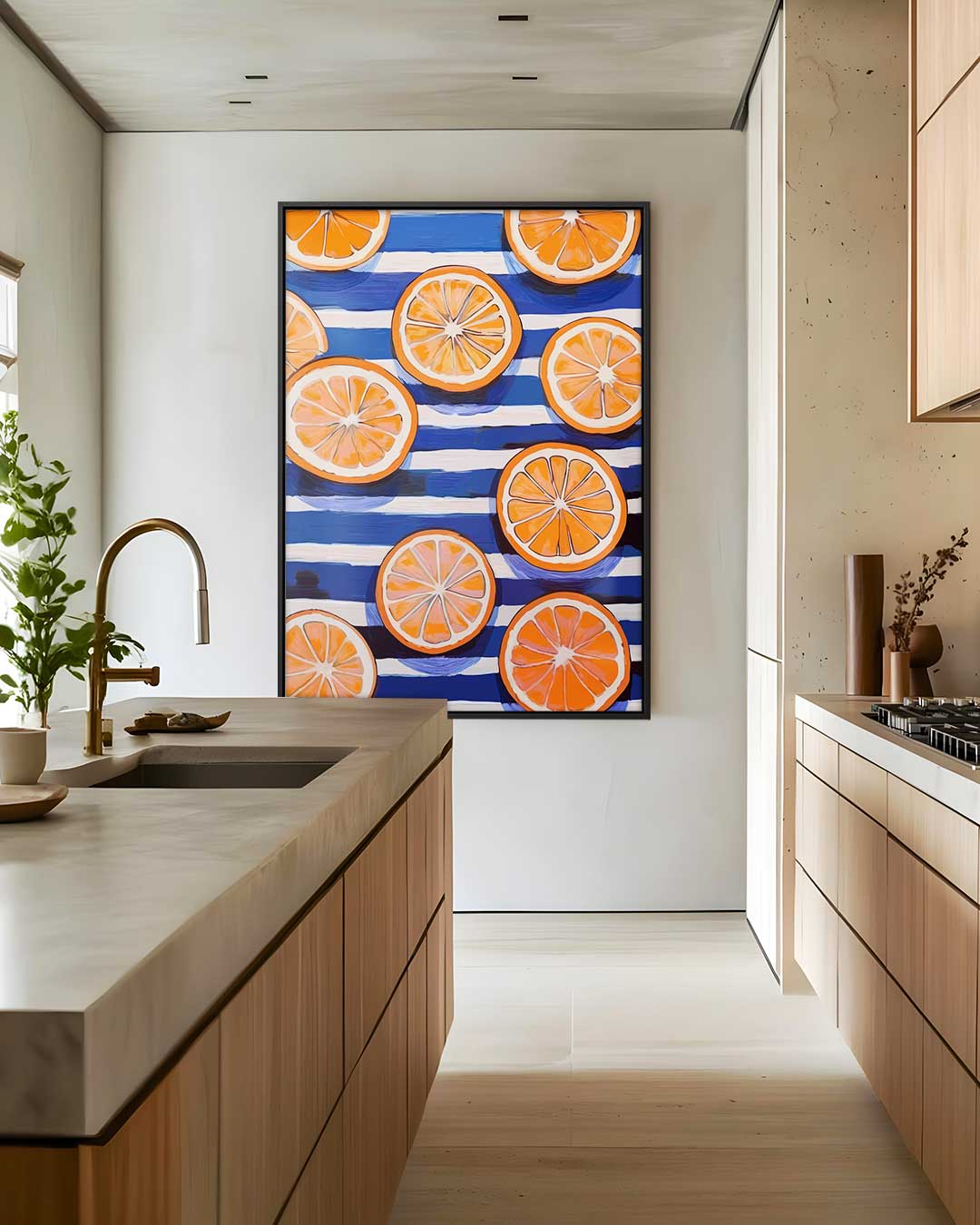 Zonnige Sinaasappels op Streepjespatroon – staand kunstwerk voor modern interieur