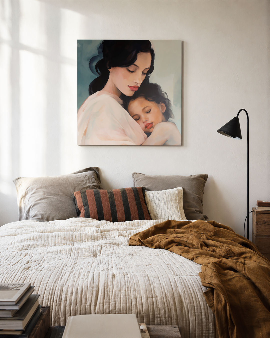 Intieme omhelzing kunstwerk – detailweergave – dit kunstwerk toont een serene moeder die haar kind liefdevol omarmt. Zachte
