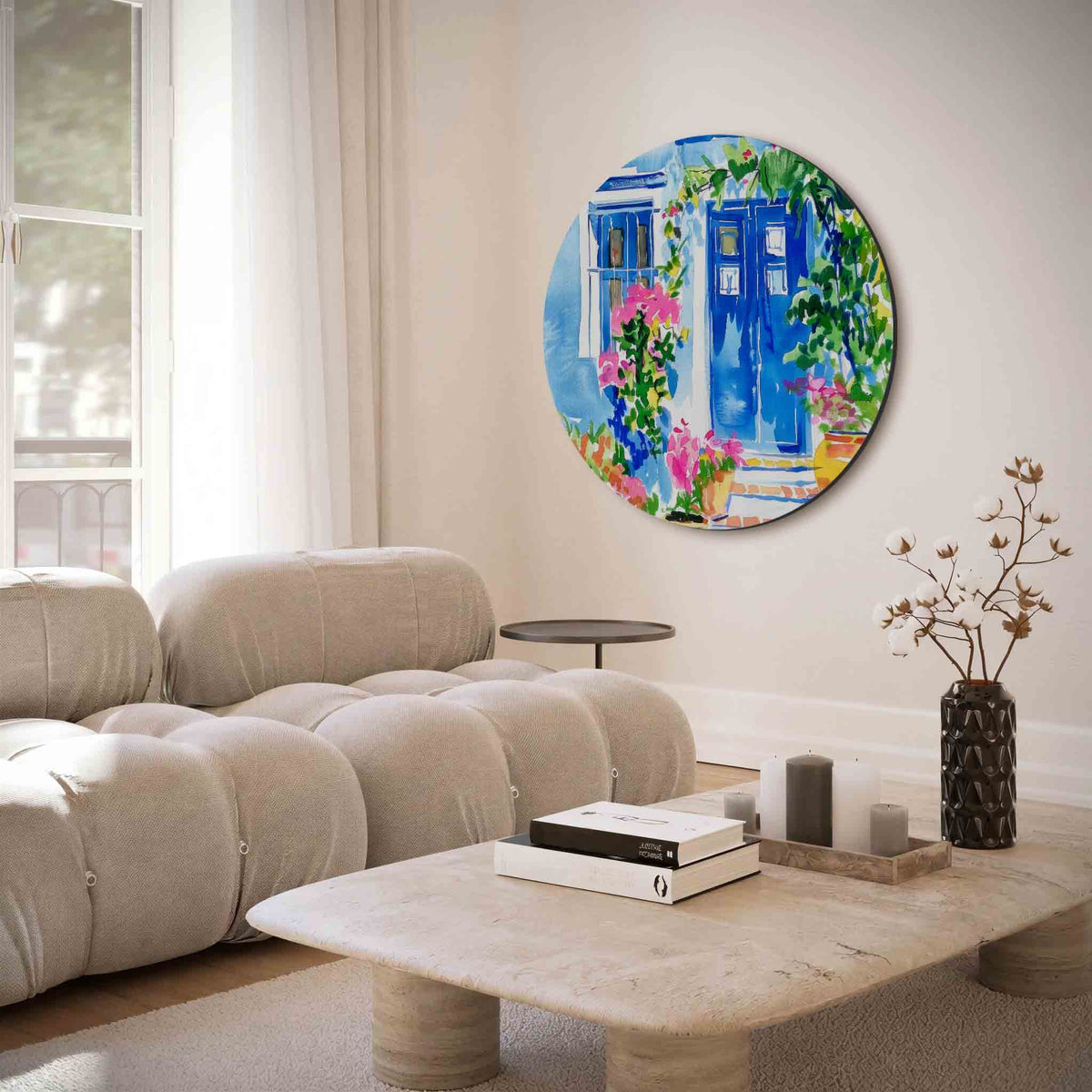 Blauwe deur met bloemen – muurcirkel met abstracte texturen voor aan de muur