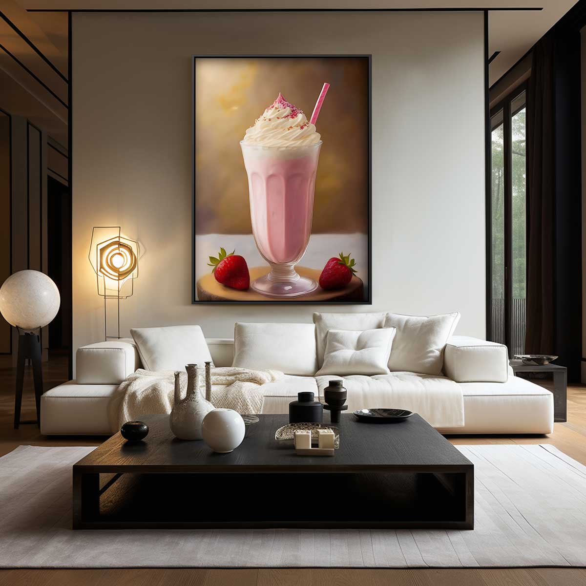 Romige Aardbeien Milkshake Schildering – kunstwerk met zwarte baklijst