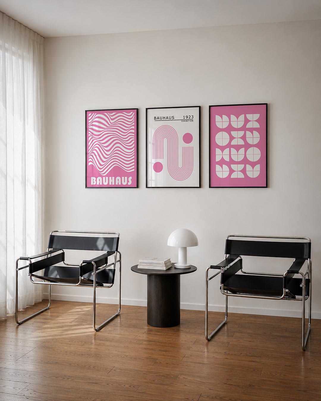 Golvend lijnenspel posterset – derde productweergave – deze posterset in drie delen toont vloeiende, golvende lijnen in roze