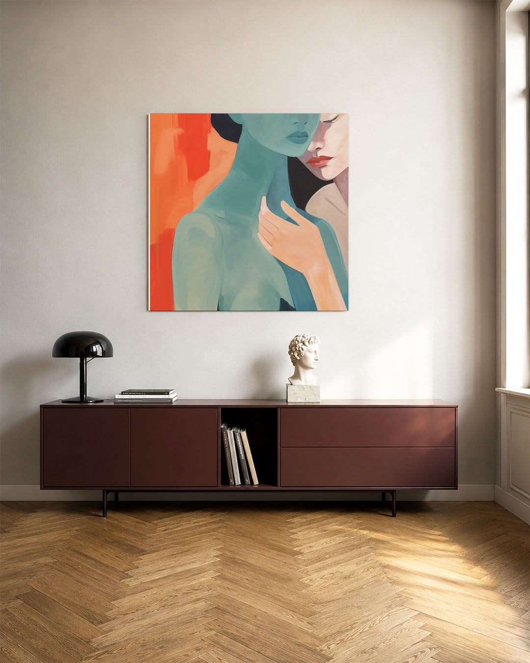 Intieme kleurencompositie kunstwerk – tweede productweergave – dit kunstwerk toont twee figuren in een harmonieuze omhelzing.