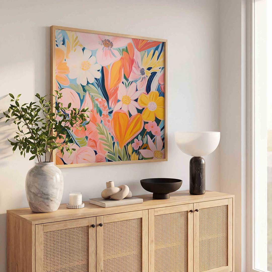 Bloemenexplosie – bloemen wandkunst als vierkante poster