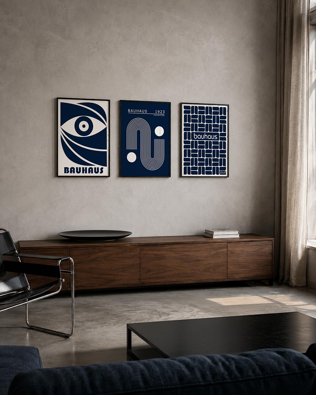 Oog en lijnen posterset – tweede productweergave – een donkerblauw oog met dynamische lijnen in een rechthoekige vorm. De