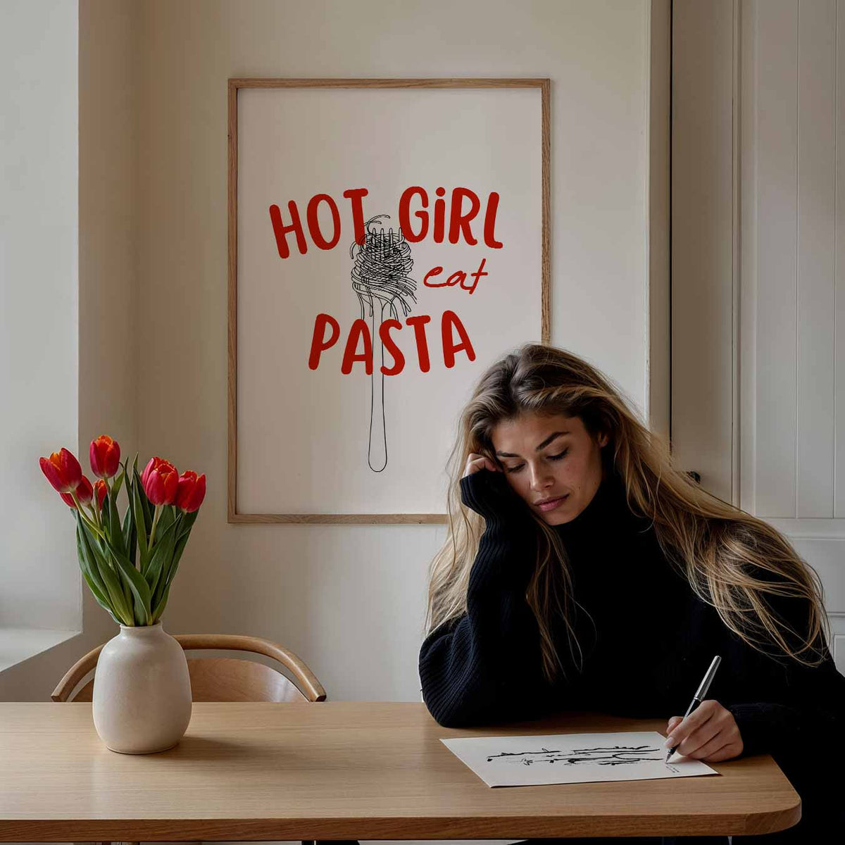 Hot Girl Pasta – keuken poster als sfeervolle staande wanddecoratie