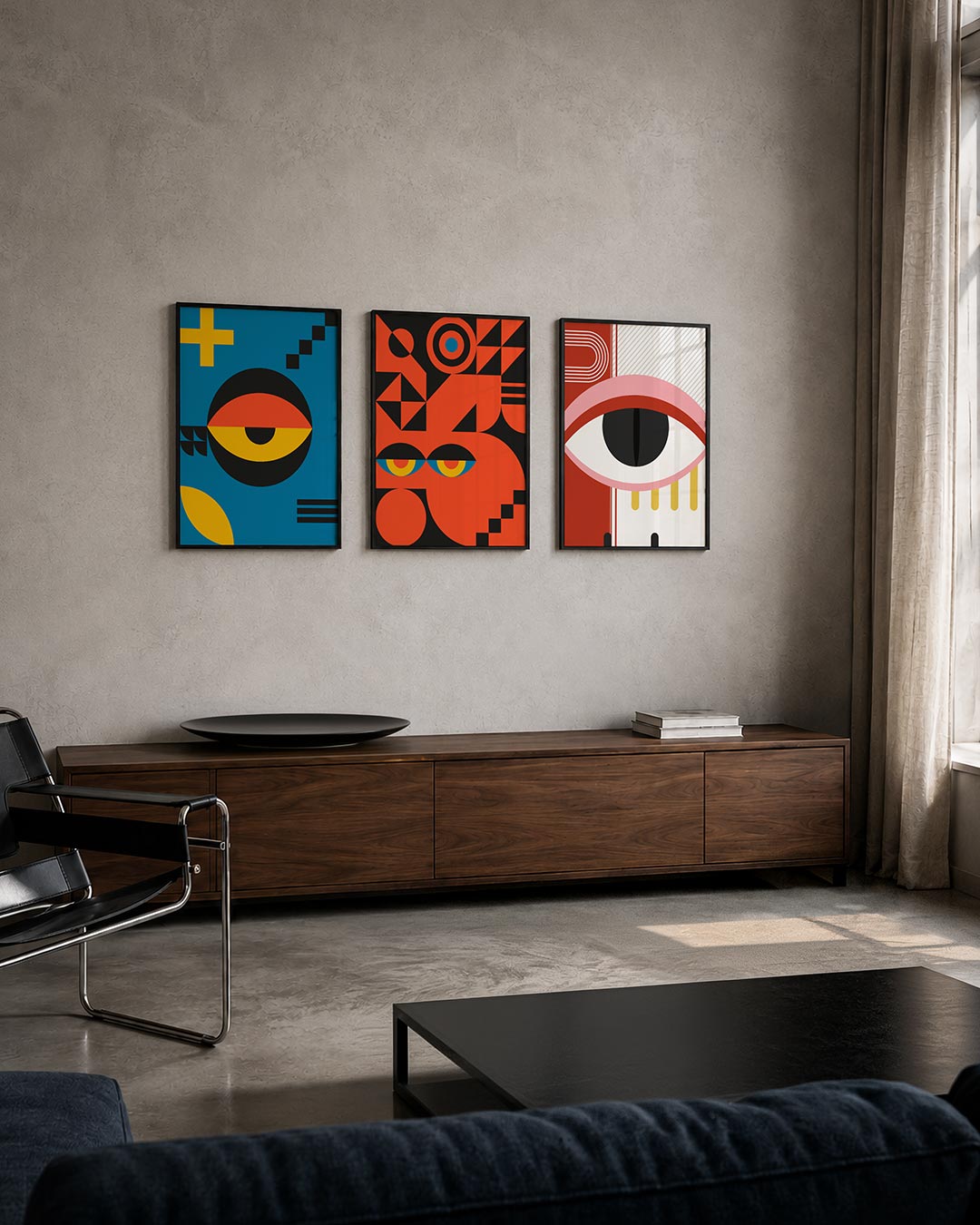 Vorm en kleurenspel posterset – tweede productweergave – deze posterset in drie delen toont een levendig lijnenspel met