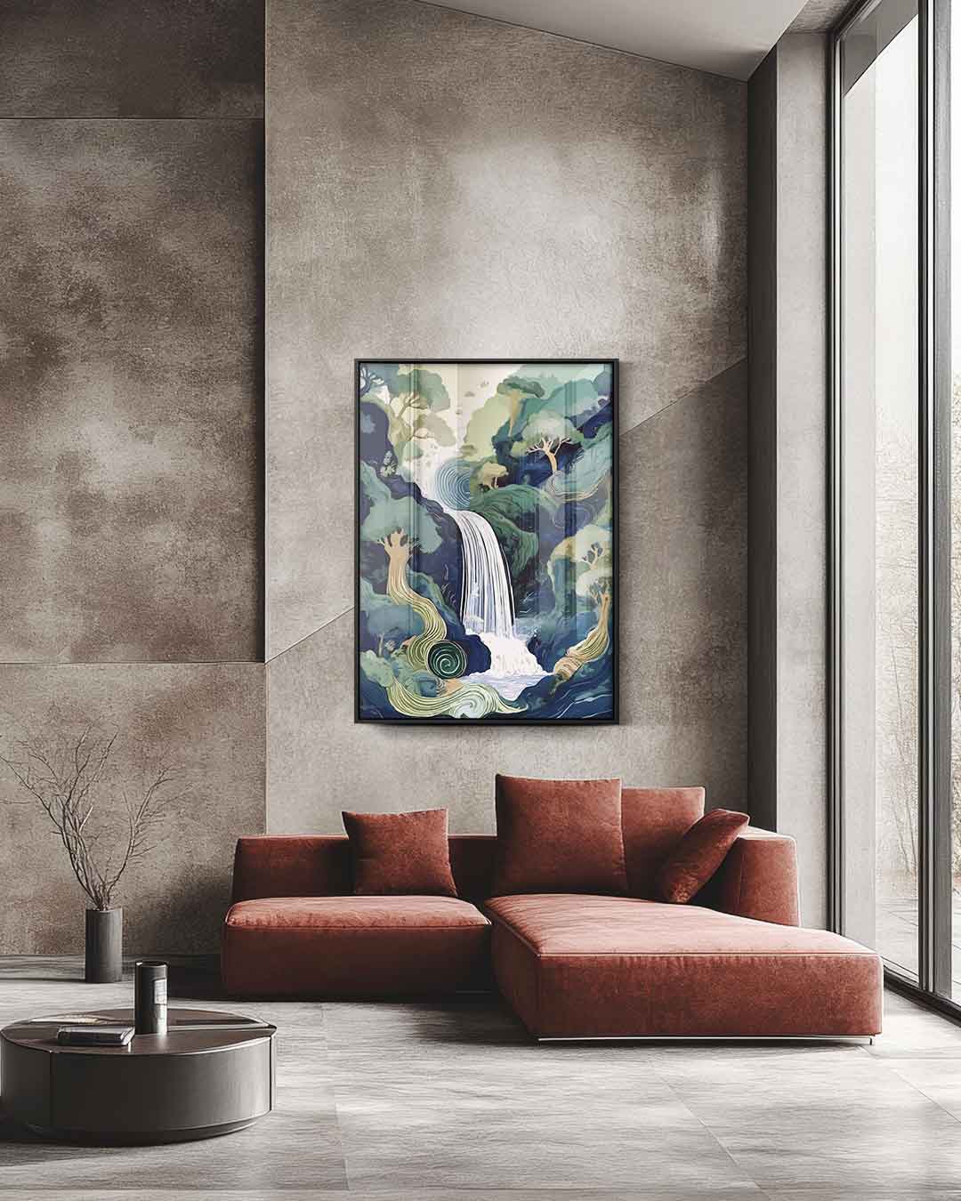Magische Boswaterval – staande wandkunst voor woonkamer of interieur