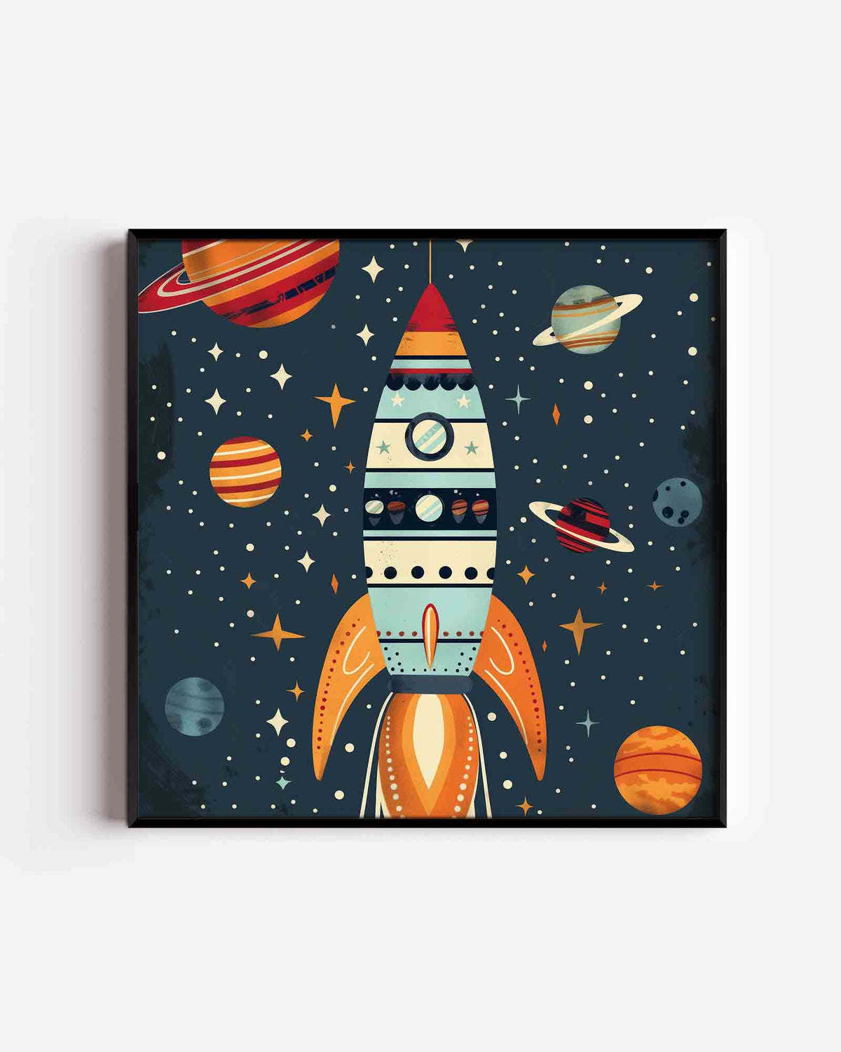 Ruimteraket en planeten – vierkante kinderposter als wanddecoratie