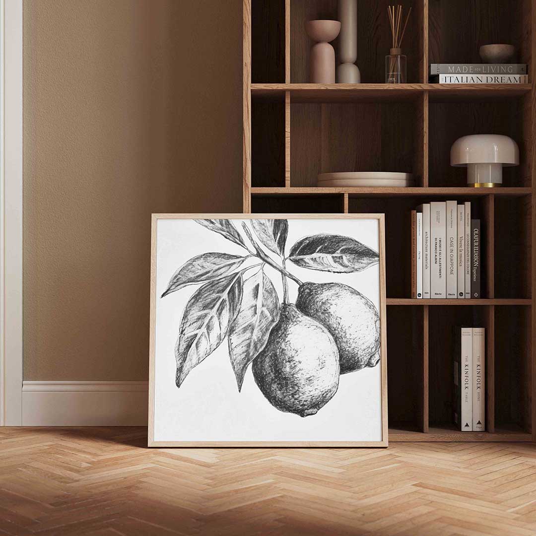 Citroenen en bladeren – vierkante wanddecoratie met kleur en vorm van WallArtistic