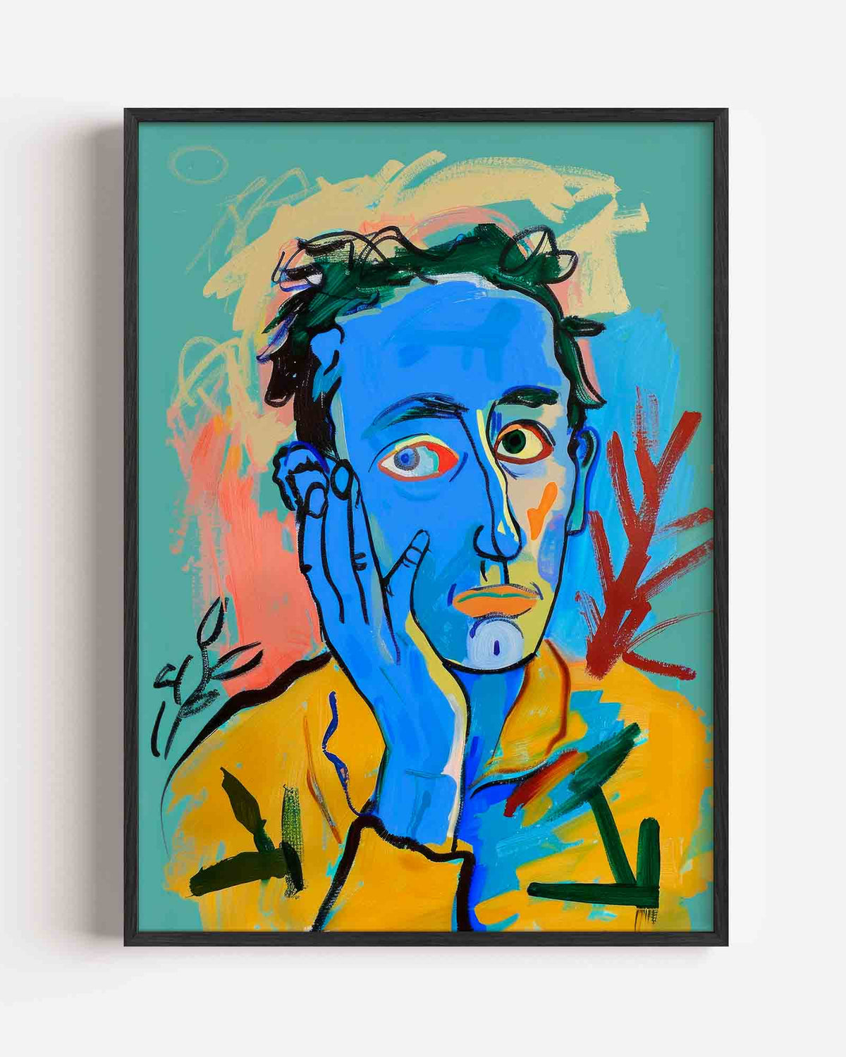 Blauw gezicht met hand – kleurrijke illustratie portret poster als wanddecoratie