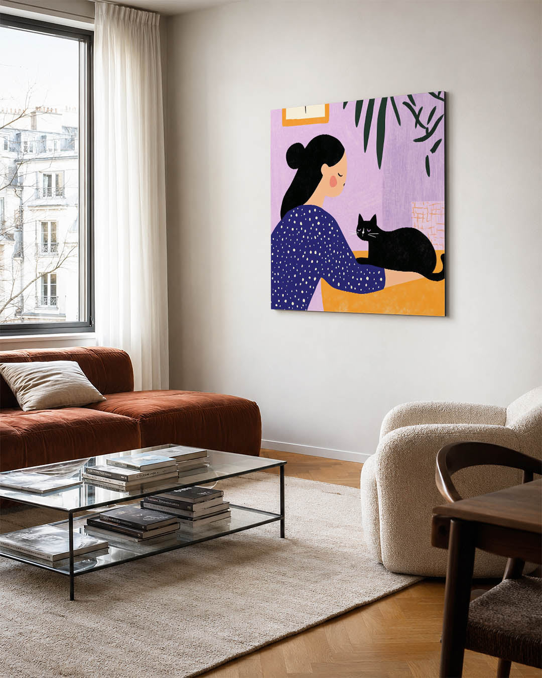 Vrouw met kat kunstwerk – vierkante wanddecoratie – dit kunstwerk toont een vrouw met een zwarte kat. De achtergrond is paars