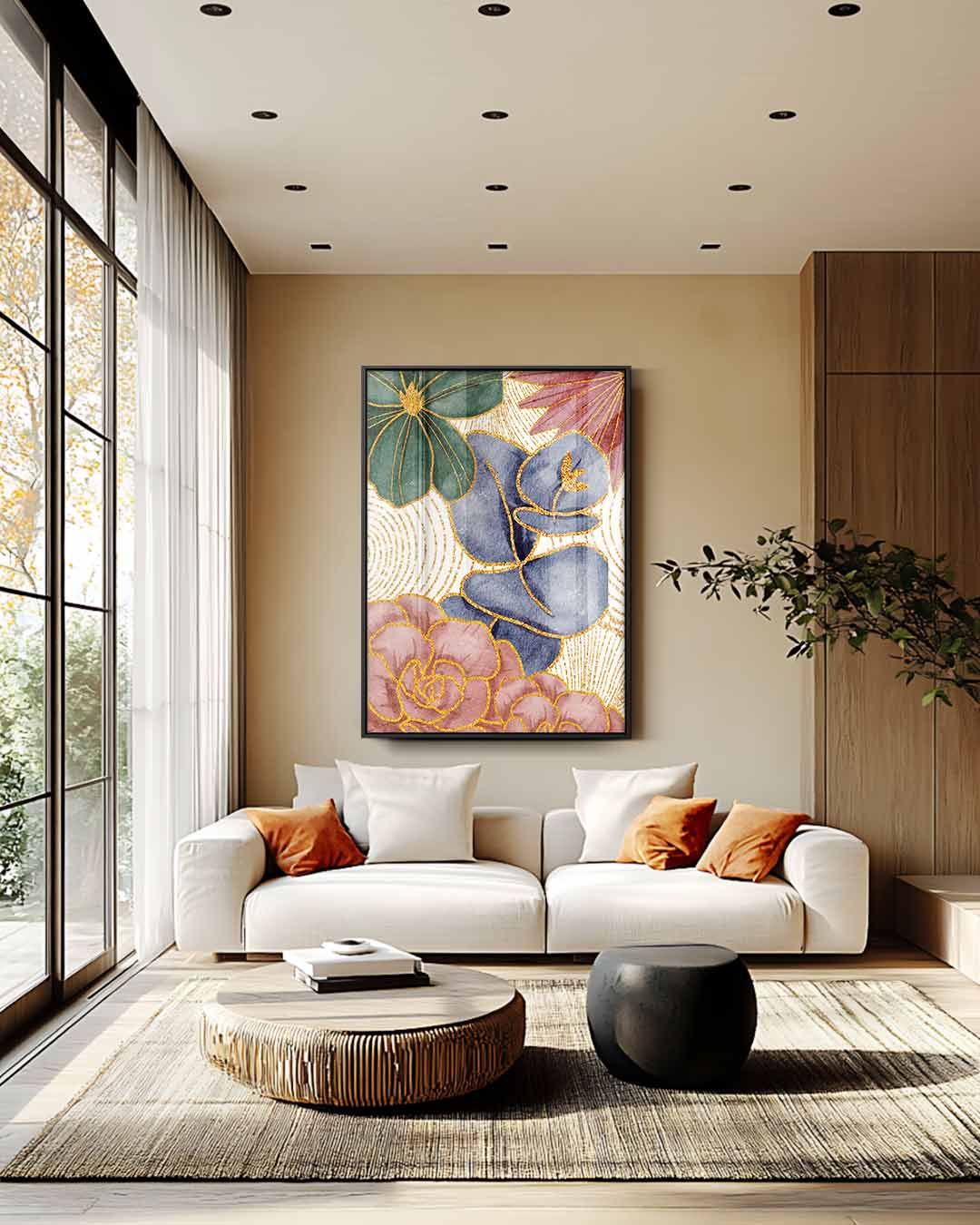 Bloemenpracht in Goud – staand kunstwerk voor modern interieur