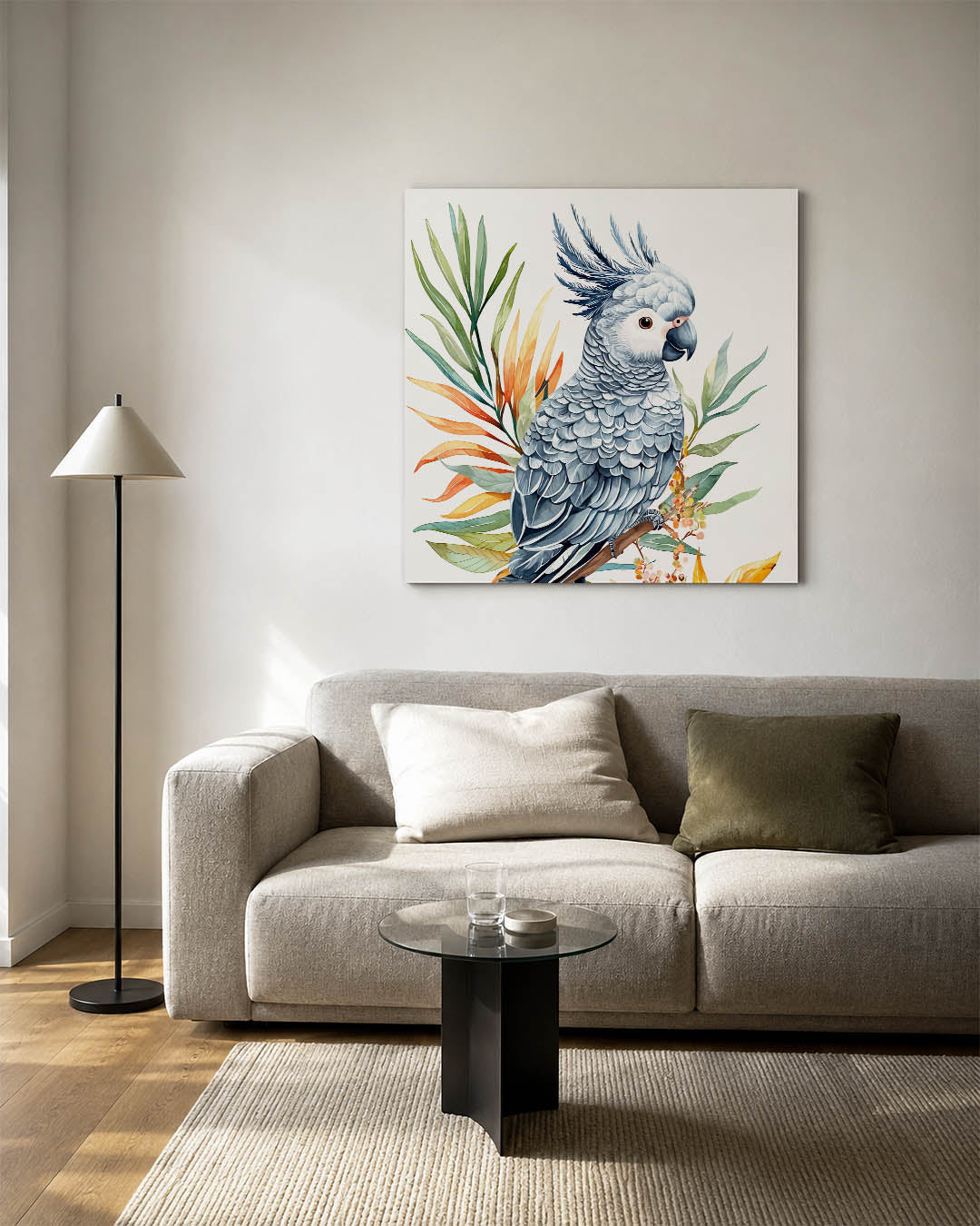 Vrolijke papegaai kunstwerk – detailweergave – dit werk toont een gedetailleerde papegaai met levendige bladeren. De