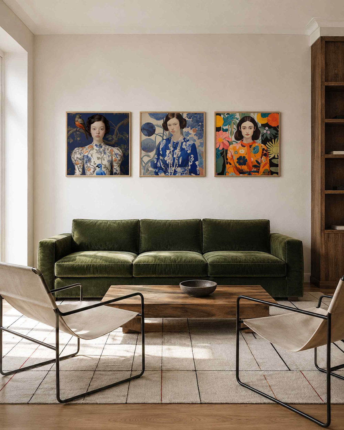 Interieurpresentatie van een driedelige vierkante posterset met vrouwen en bloemen