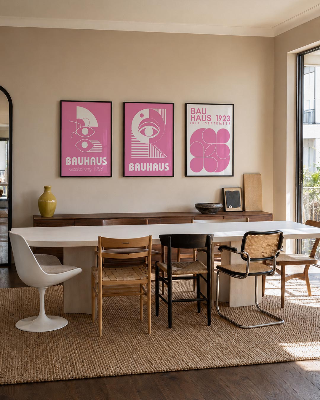 Oogvorm en lijnen driedelige posterset – deze posterset in drie delen toont een speelse combinatie van witte oogvormen en