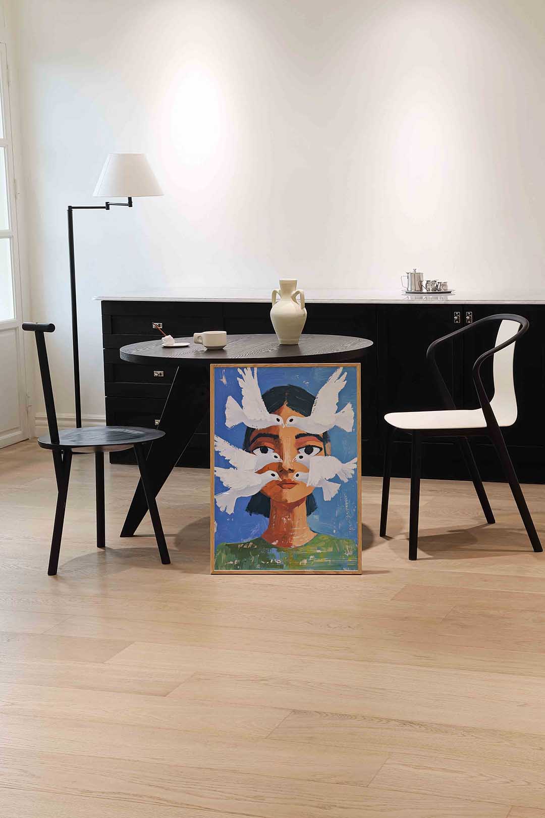 Vogel en gezicht – moderne wandkunst als portret poster