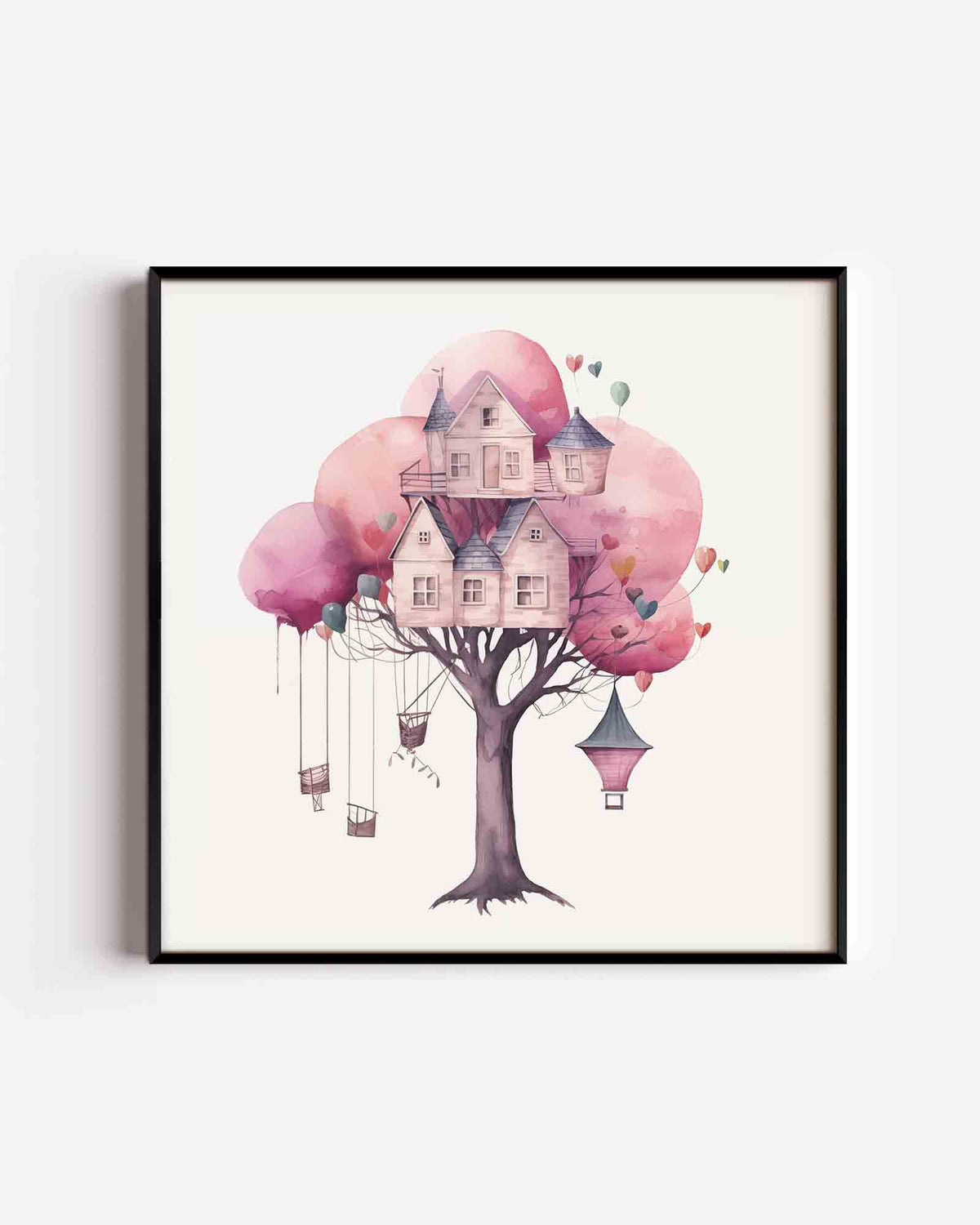 Boomhuis met ballonnen – vierkante kinderposter als wanddecoratie