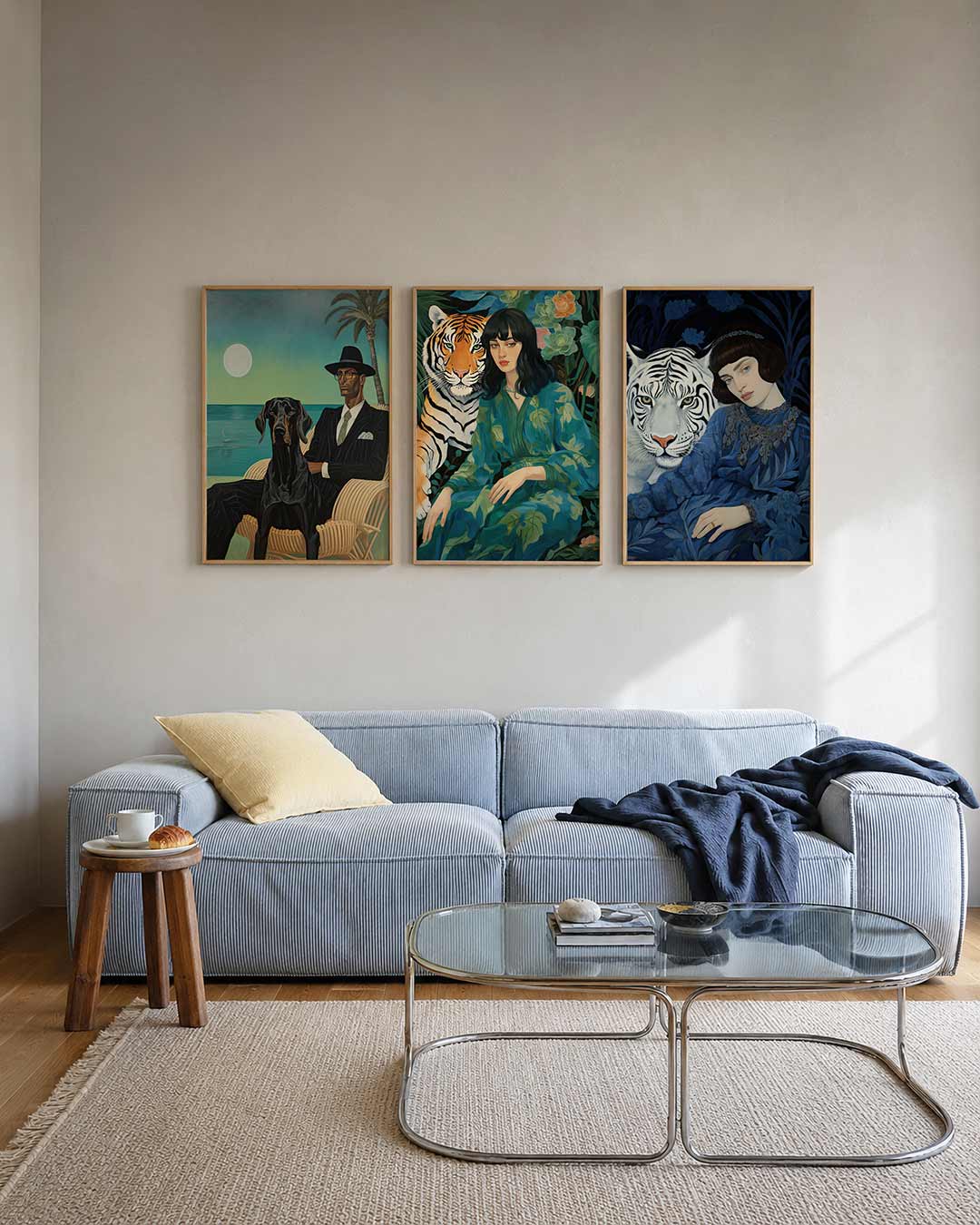 Zonsondergang en silhouetten posterset – tweede productweergave – een man in een stoel met een hond, tegen een turquoise zee