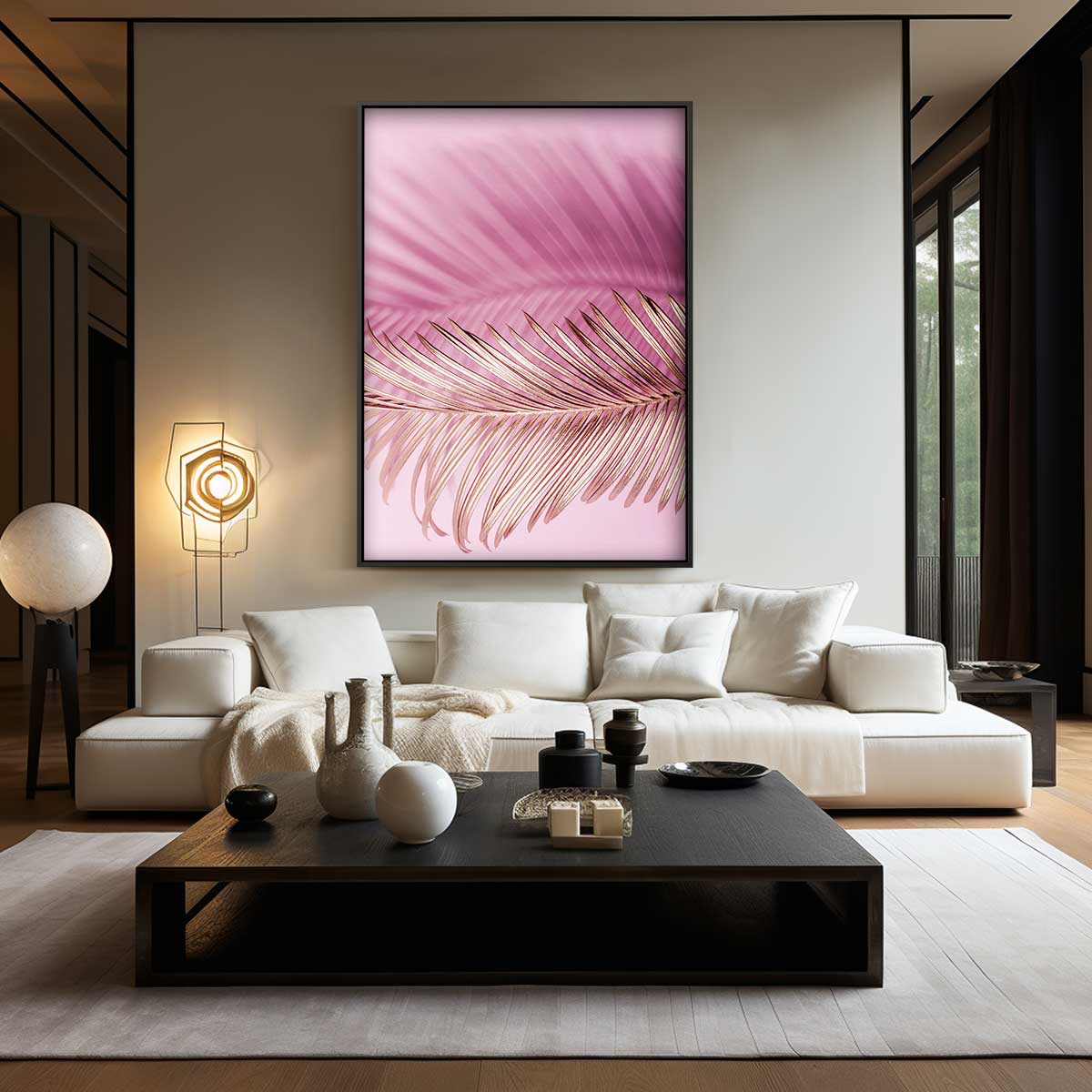 Roze Dromerige Palmblad – canvas wanddecoratie in portret formaat