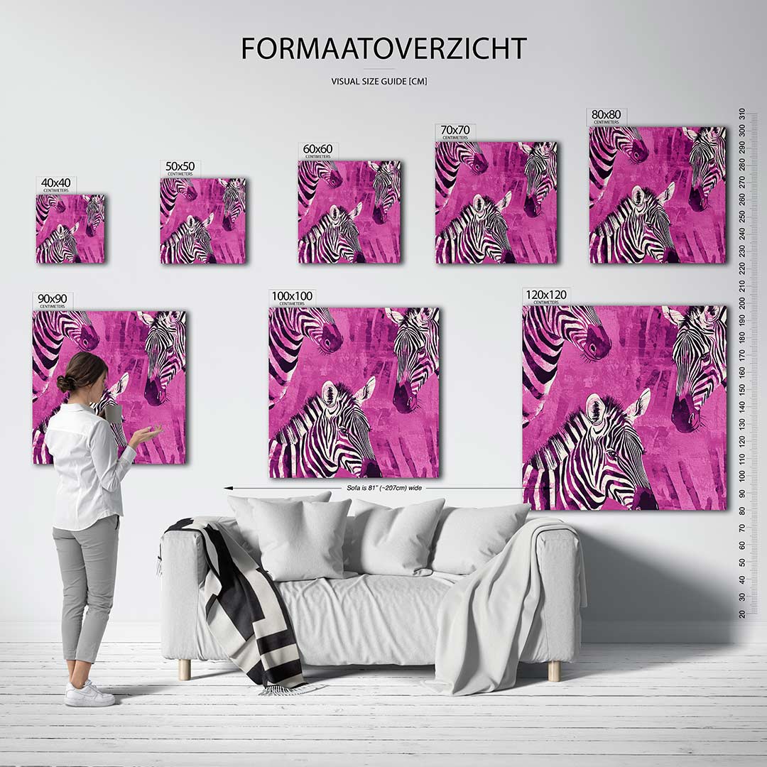Zebra's in levendige tinten kunstwerk – dit werk toont zebra's met opvallende strepen tegen een levendige achtergrond. De