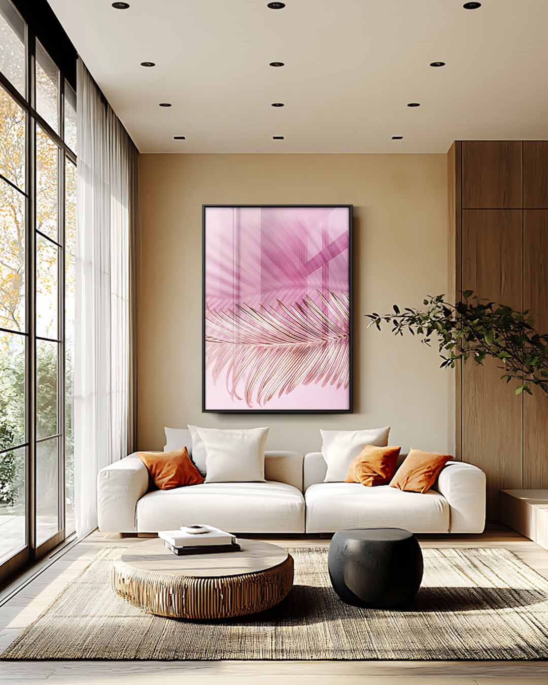 Roze Dromerige Palmblad – plexiglas wanddecoratie in portret formaat