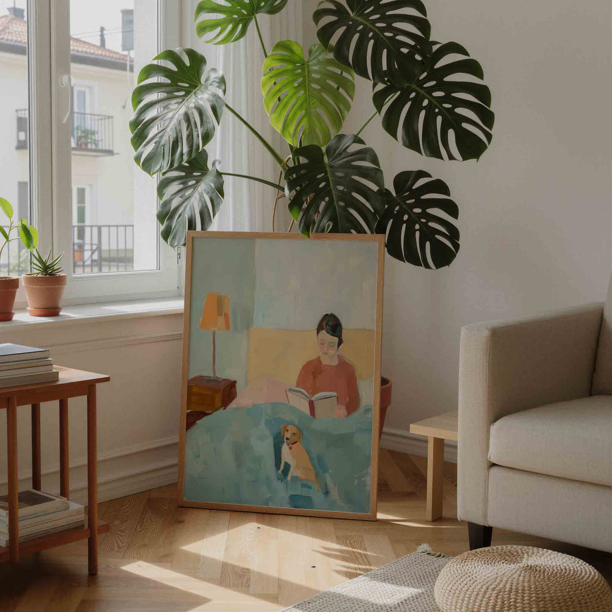 Lezende vrouw met hond – moderne illustratie als portret poster