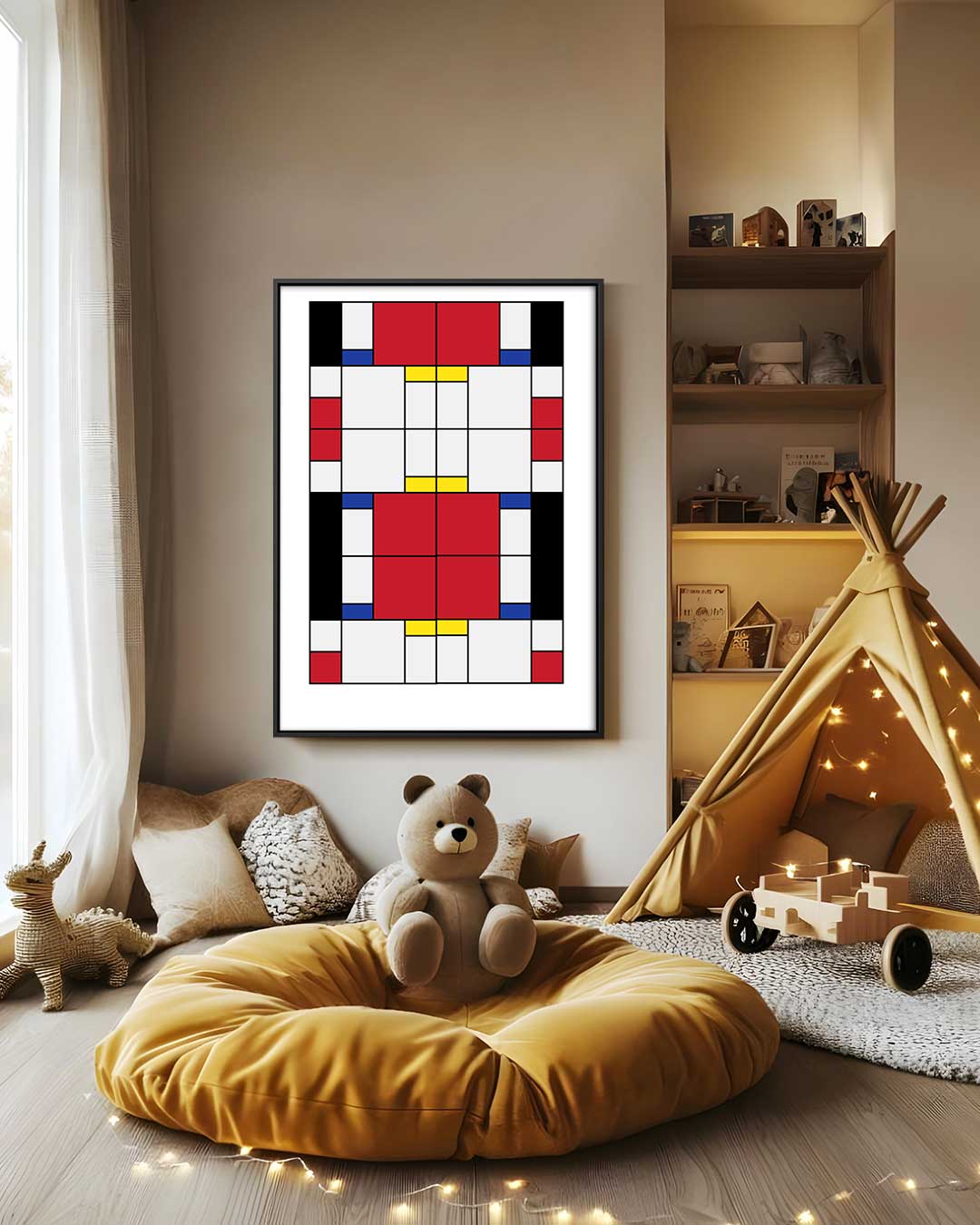 Mondriaanse Mozaïek – canvas wanddecoratie in portret formaat
