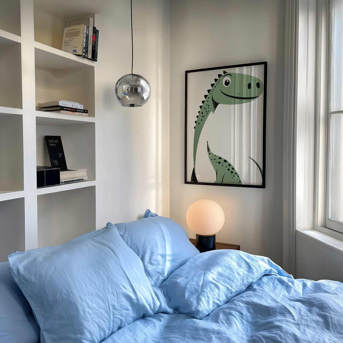 Schattige Dino – speelse wandkunst als portret kinderposter
