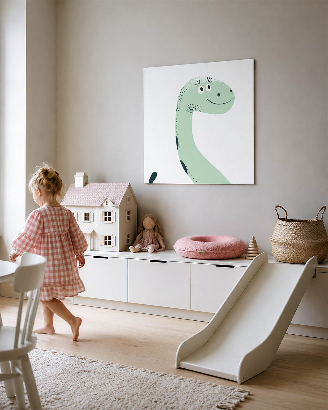 Vrolijke dinosaurus illustratie kunstwerk – tweede productweergave – dit kunstwerk toont een lachende dinosaurus met een