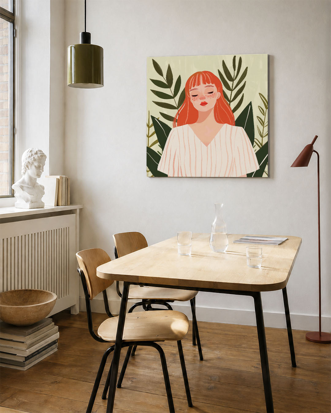 Vrouw met bladeren kunstwerk – vierkante wanddecoratie – dit werk toont een vrouw met gesloten ogen, omringd door groene