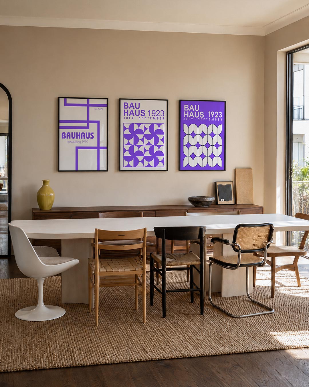 Lijnen en vlakken driedelige posterset – deze posterset in drie delen toont een spel van paarse