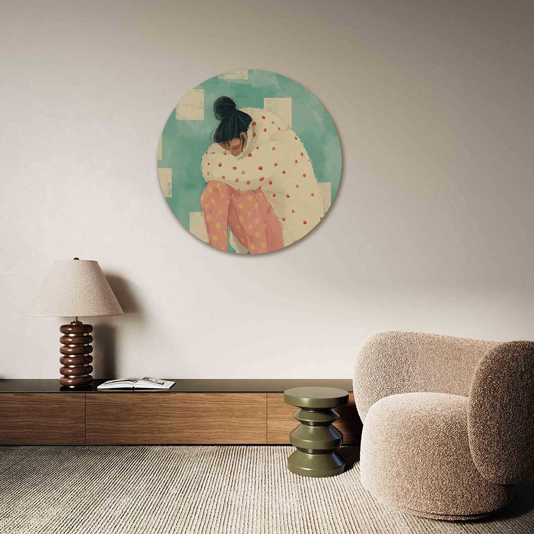 Vrouw met stippen – abstracte muurcirkel als ronde wanddecoratie