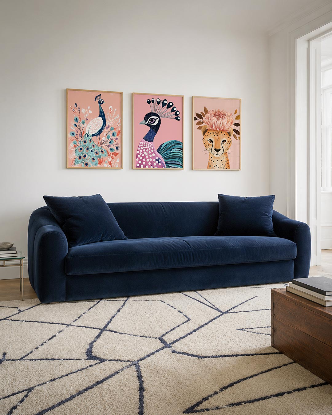 Pauw en bloemen driedelige posterset – een sierlijke pauw met een weelderige staart in blauw en