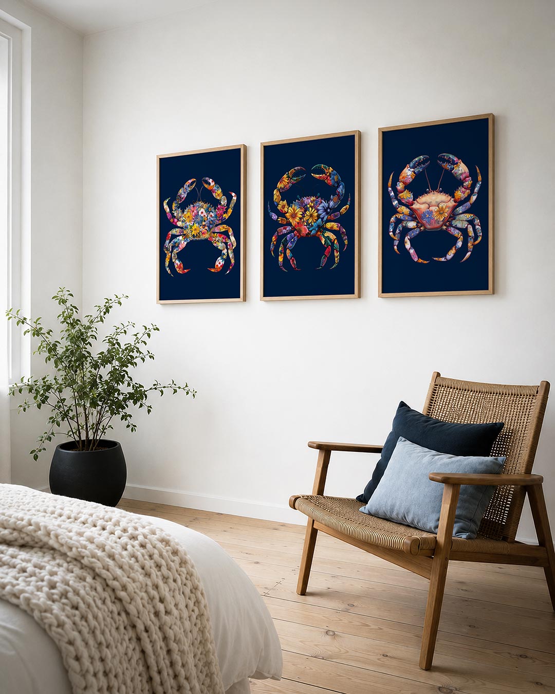 Bloemenkrab posterset – derde productweergave – een kleurrijke krab gevormd door een overvloed aan bloemen