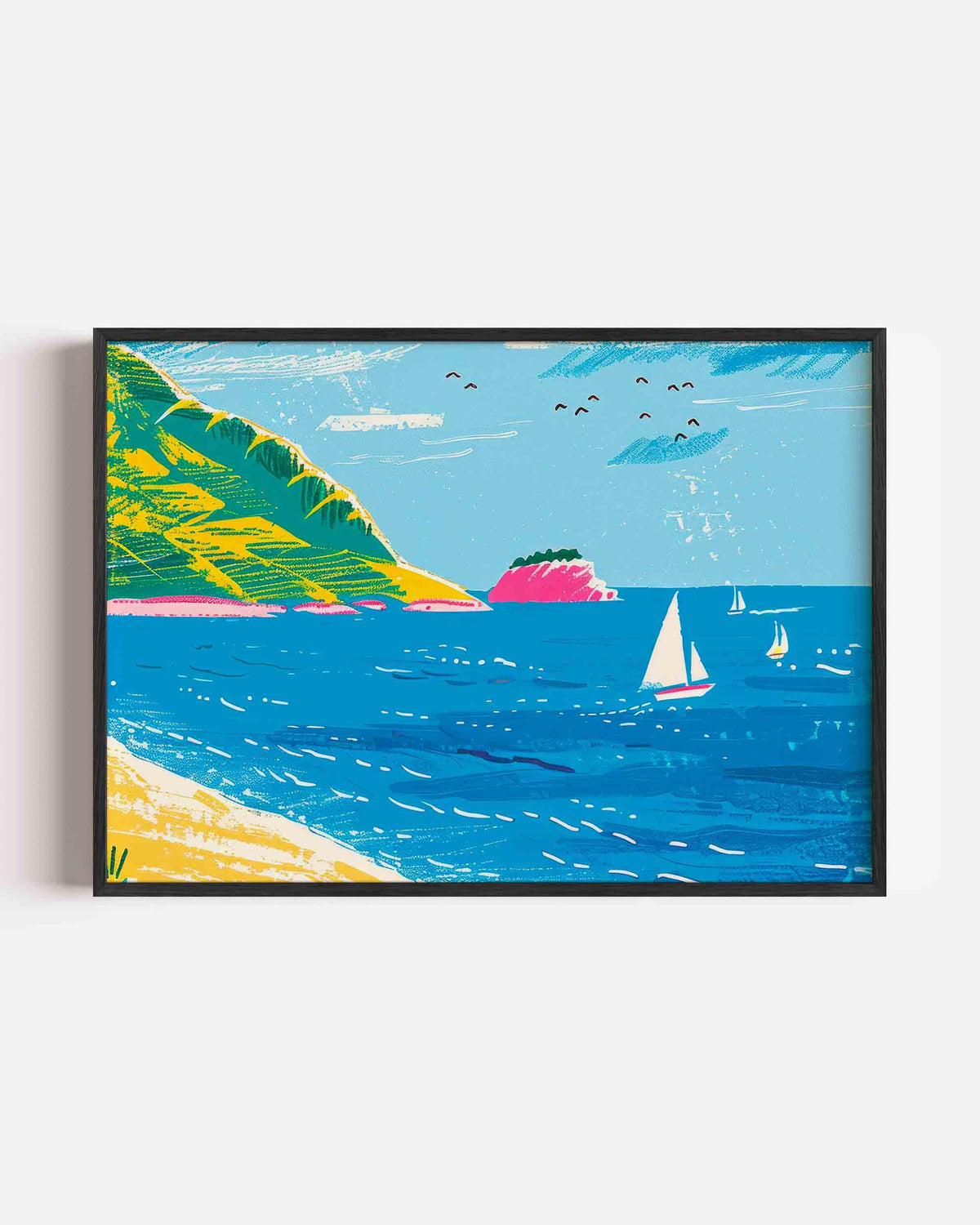 Zeilboten en kust – moderne landscape poster als wanddecoratie